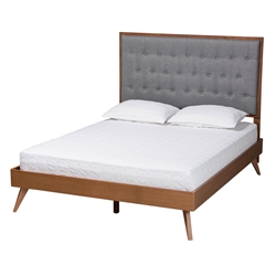Baxton Studio Dericia Classic and Traditional Grey Fabric and Walnut Brown Finished Wood Queen Size Platform Bed